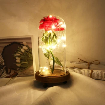 

New Flower Red Rose In Glass Dome Wooden Base LED Rose Lamps Home Decoration Accessories Artificial Flower Valentines Day Gift