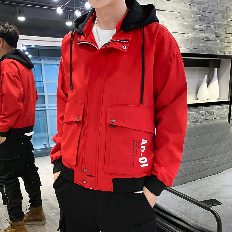 Mens Jackets Autumn Red Hip Hop Streetwear Big Pocket Bomber Male Jacket Windbreaker Hooded Fashion Outwear Coat Casual | Мужская одежда