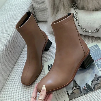 

Genuine Leather Elastic Force Boots Women Ankle Boots Back Zipper High Heels Ladies Autumn Shoes Square Toe Woman Short Boots