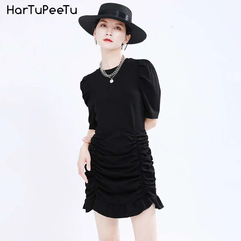 

Sexy Pleated Mini Dress Women 2022 Fit Summer Tunic Vestidos Mujer Solid Vintage Puff Short Sleeve Irregular Dresses