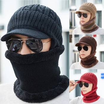 

Men Winter Warm Twist Earmuffs Knit Cap collar Hat Neck Warmer Crafts Knit Visor Beanie Fleece Lined Ear Flap Cap