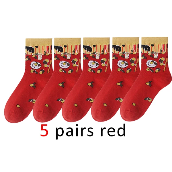 WHLYZ YW 5 пара/лот, мужские носки из чесаного хлопка, цветные носки Ван Гога, Ретро стиль, масляная живопись, Крутое повседневное платье, забавное праздничное платье, носки-лодочки - Цвет: Красный
