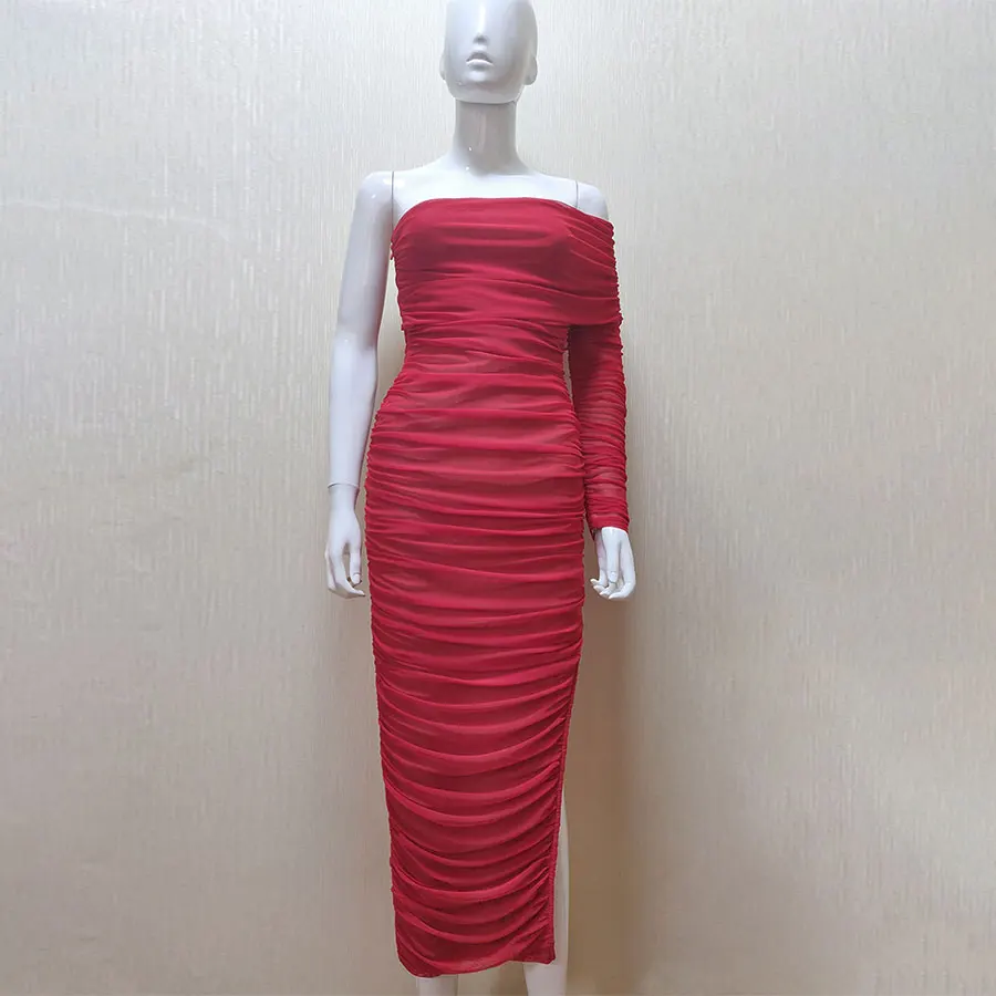 CIEMIILI, сексуальное однотонное красное Сетчатое длинное платье с вырезом лодочкой, зима, женские вечерние бандажные платья в стиле ампир