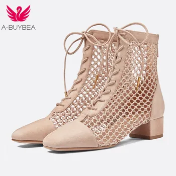 

New Women Summer Lace-Up Leather Ankle Boots High Quality Zapatos Femme Square High Heel Women Shoes Hollow Out Female Boots