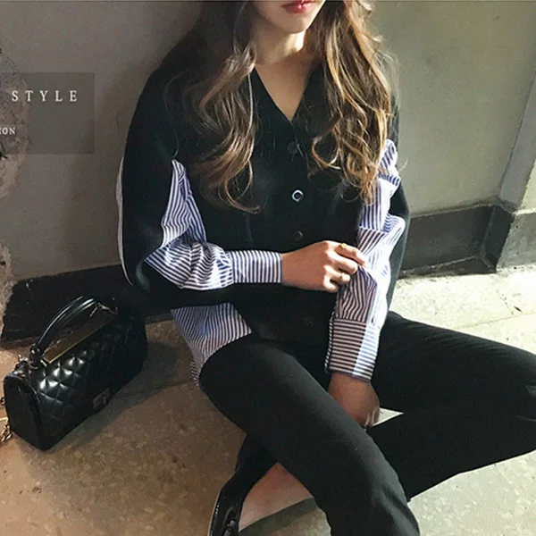 Корейский стиль Женский Осенний вязаный свитер с длинным рукавом имитация двух