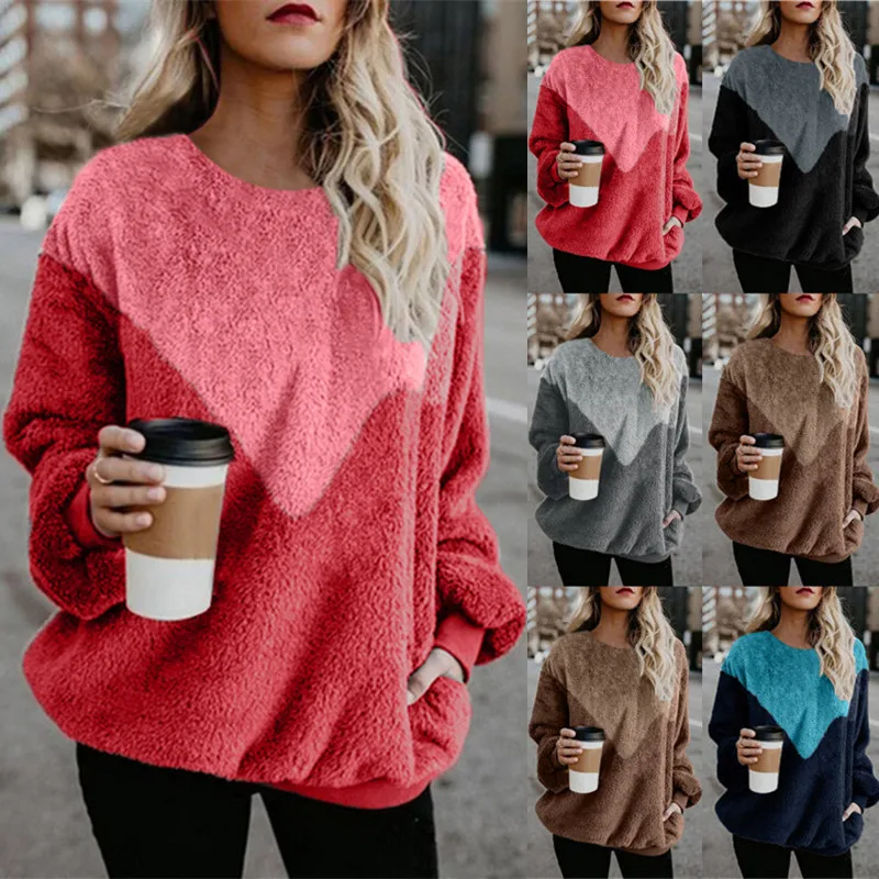 

5 Colors Autumn and Winter Color Block Round Collar Loose Long Sleeve Plush Women Sweatshirt