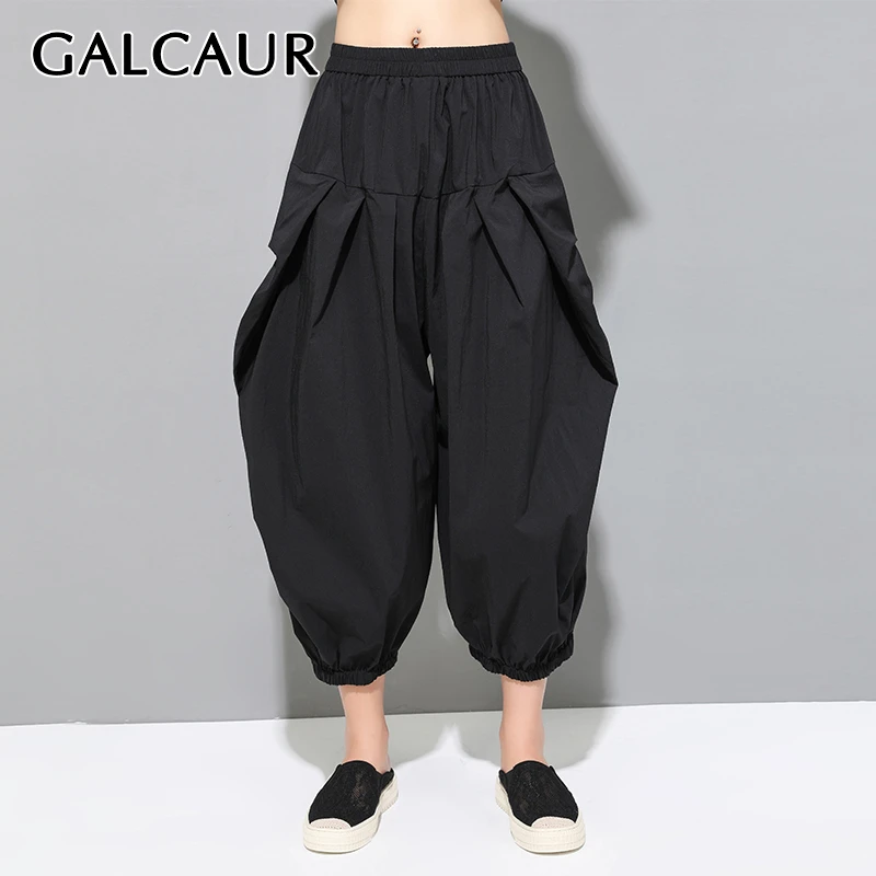 

GALCAUR Casual Women's trouser high Elastic Waist ruched Loose Plus Size ankle length Harem Pants 2019 Autumn Korean Fashion