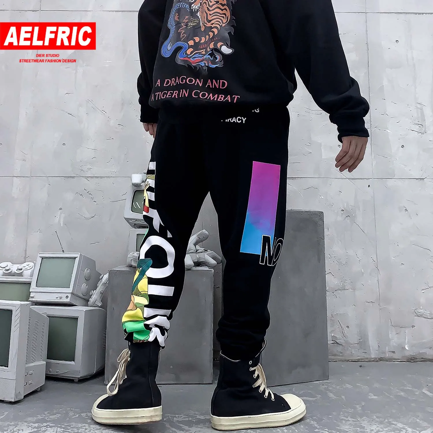 AELFRIC/мужские спортивные штаны в стиле хип-хоп с мультипликационным принтом, уличная одежда, цветные брюки-карго, повседневные бегуны, Харадзюку, негабаритные брюки