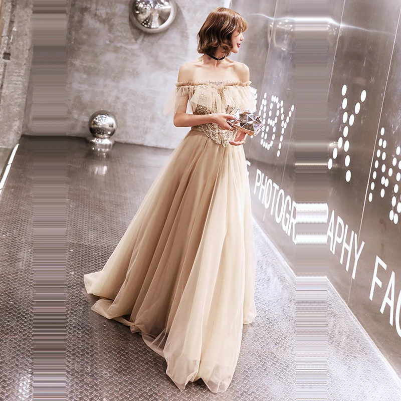 Вечерние платья Жемчуг трапециевидной формы Robe De Soiree с открытыми плечами без спинки женское вечернее платье короткий рукав Длинные вечерние платья E690