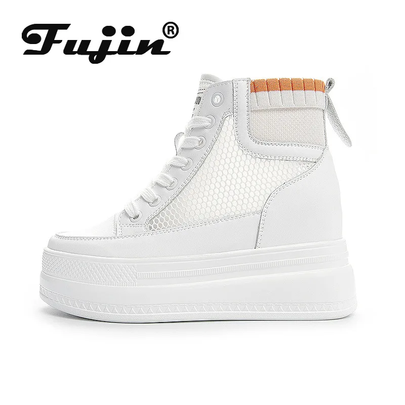

Fujin 2021 Split Leather Women Boots Summer Air Mesh Hollow Ankle Boots Platform Heel Height Increasing Ankle Boots Botas