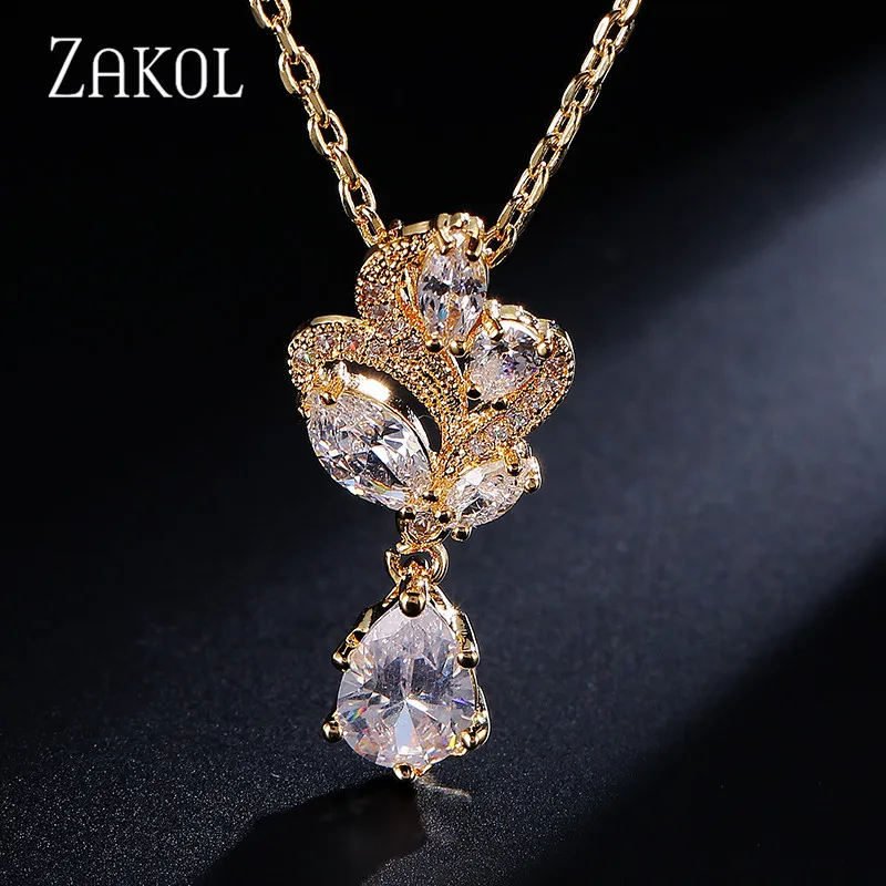 ZAKOL модный винтажный в форме цветка AAA+ кубический цирконий кулон ожерелья Блестящий Кристалл невесты свадебные украшения для женщин FSNP026