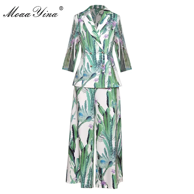 

MoaaYina Fashion Designer Set Spring Summer Women Cactus Floral-Print Suit Tops+Loose bell-bottoms Two-piece suit