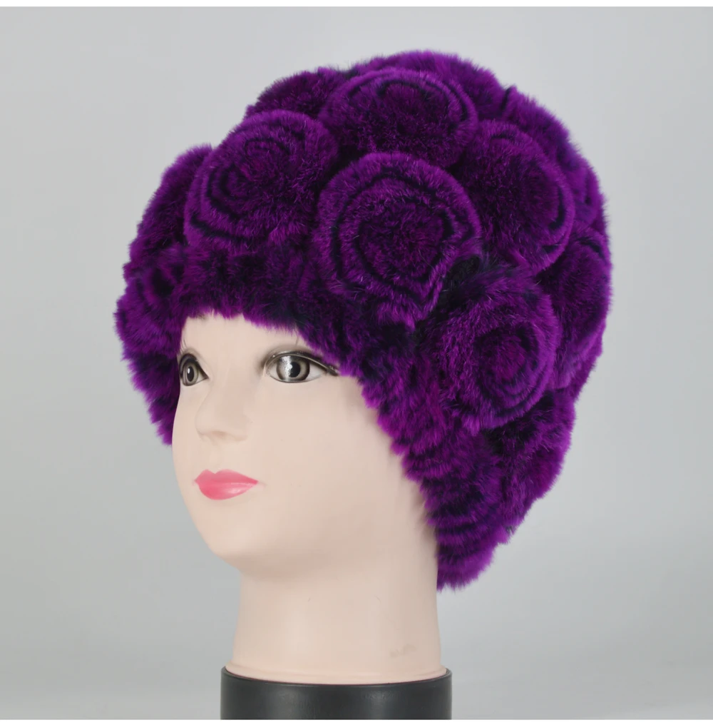 Winter Rex Rabbit Fur Hat Women Knitted Natural Rex Rabbit Fur Flowers Beanies Hats Warm Soft Real Rex Rabbit Fur Caps
