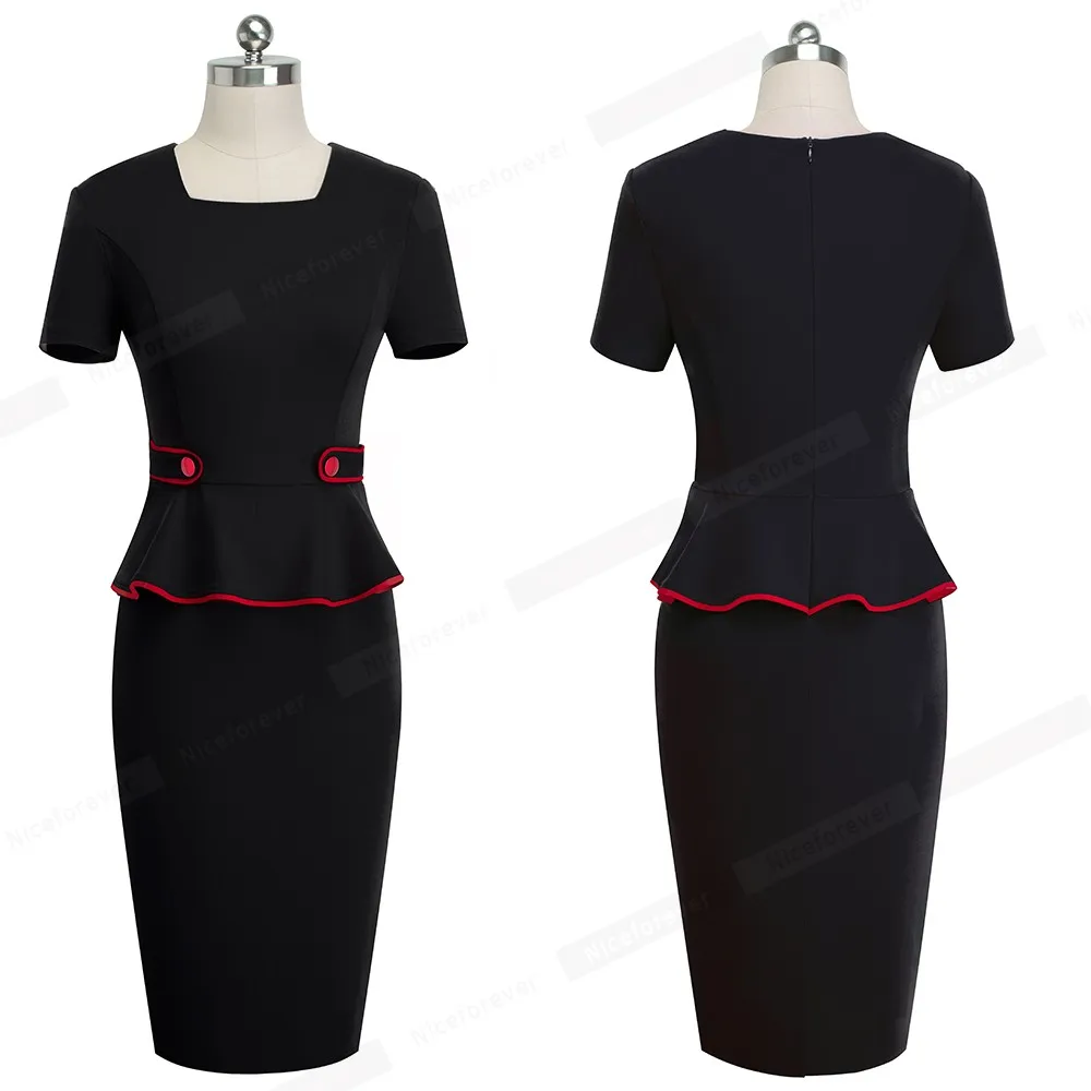 Хорошее-Forever карьера женское однотонное офисное платье на пуговицах vestidos деловая работа облегающее платье с баской женское платье B512