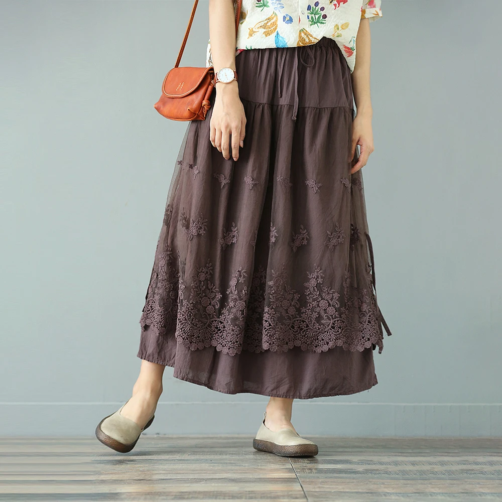 Осенняя юбка женская большого размера свободная юбка в стиле "Ретро" женский эластичный пояс вышивка кружева Длинная Однотонная юбка Мори для девушки - Цвет: Coffee color