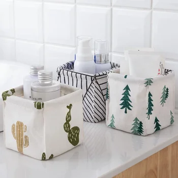 

Portable Mini Sundries Container Cotton Linen Foldable Desktop Bag Diamond Stripe Basket Home Storage Organizer