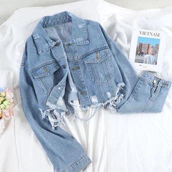 

Tassel Frayed Denim Bomber Jacket Women Autumn Harajuku Ripped Holes Jeans Outerwear Vintage Washed Blue Basic Coat