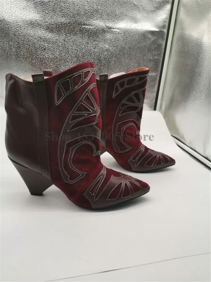 EMMA KING/Botines Mujer; коллекция года; винтажные красные замшевые ботильоны; женские полусапожки на шпильке с вышивкой; ботинки без застежки