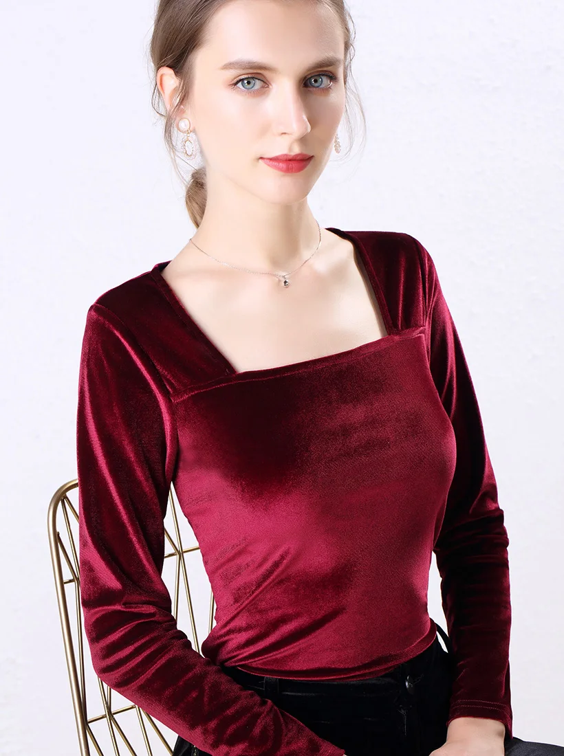 Женские блузки mujer de moda, осень, длинный рукав, квадратный воротник, золото, бархат, женские футболки и рубашки размера плюс, одежда