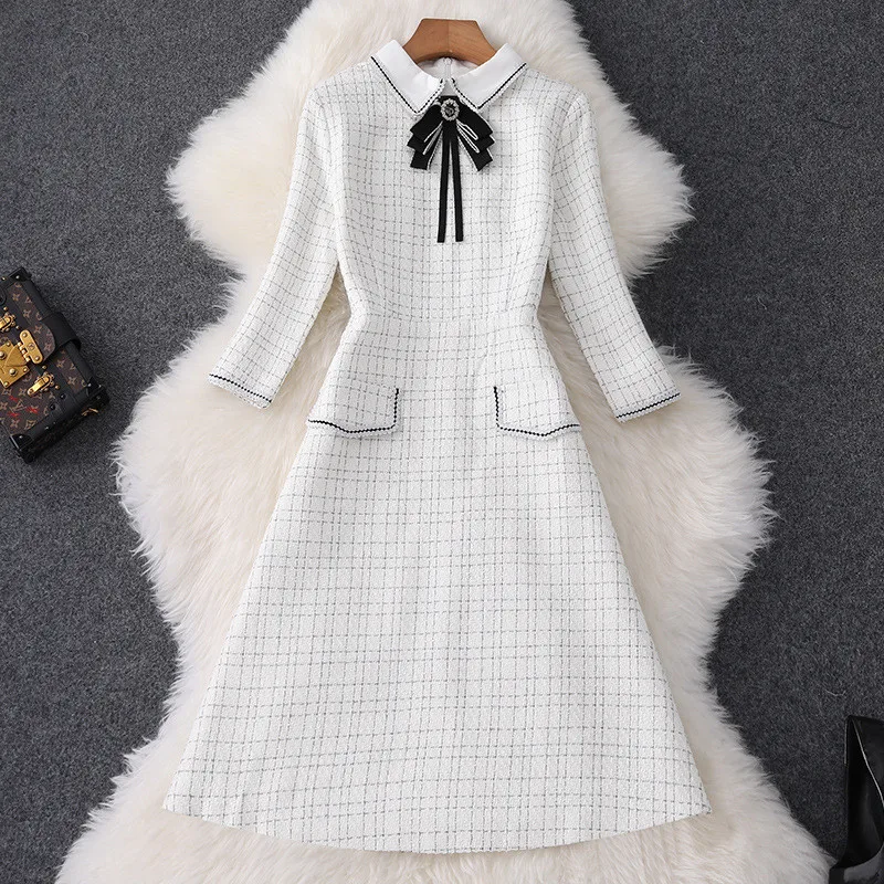 Runway Designer New Autumn Winter Dress for Women Fashion Clothes Turn Down Collar Bowknot Plaid Tweed Woolen Dress Casual
