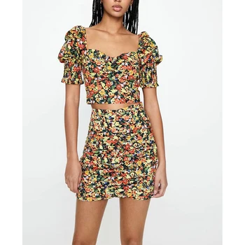 

new summer suits women two piece set printed crop tops blouse short puff sleeves & printed casual mini draped skirt