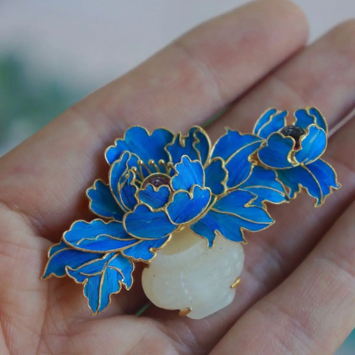 Cloisonne Enamel Porcelain Craft Peony Flower Brooch Chinese Retro Charm Women Silver Jewelry