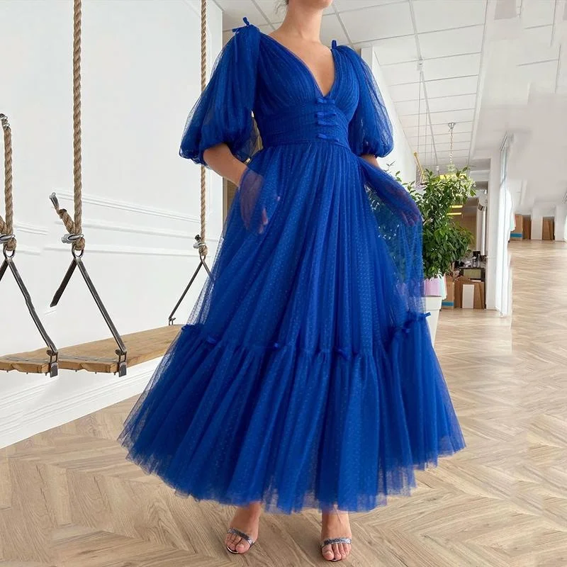 New A-Line Royal Blue Dot Net Tea Length Prom Dresses Elegant Puffy Sleeves Evening Dress Plus Size V-Neck Formal Party Gowns 2021