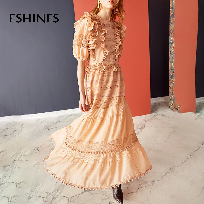 

ESHINES Runway Designer Long Dress Vintage Patchwork Ruffles Hem Tassels Hollow Out High Waist Dress Elegant Hem Loose Dress
