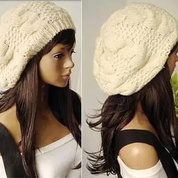 

Women Sweet Crochet Warm Solid Color Beret Artist Baggy Beanie Winter Hat Gift