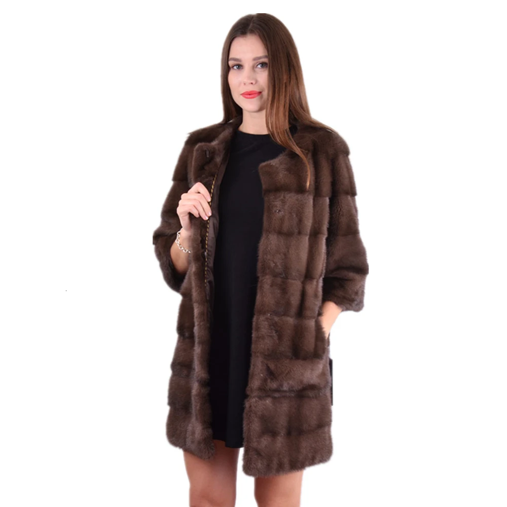 TOPFUR Новая модная зимняя длинная норковая шуба натуральный мех шуба для женщин натуральный норковый мех стандартная Шуба с круглым вырезом половина одежда с рукавами