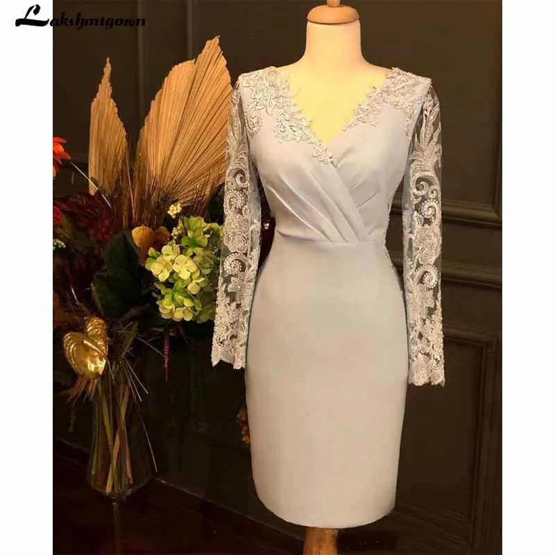 

Elegant Mermaid Mother Of The Bride Dresses V Neck Long Sleeve Vintage Appliques Women Wedding Guest Gown Short Mother Dress