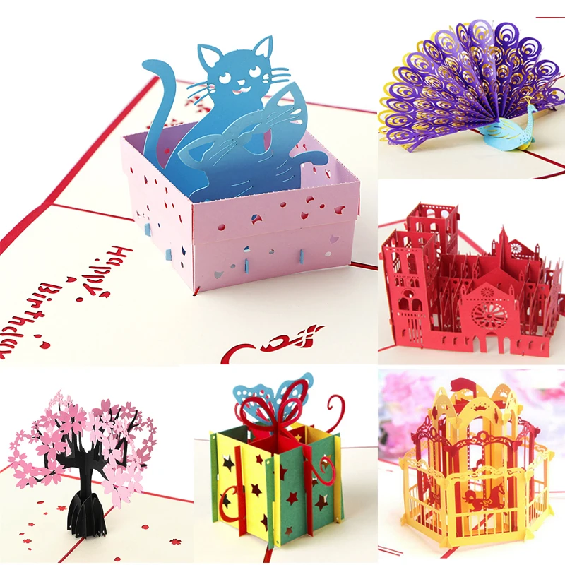 25 стилей 3D всплывающие праздничные поздравительные открытки кошка коробка животное Рождество День Благодарения подарок на день рождения ручной работы Валентина приглашение