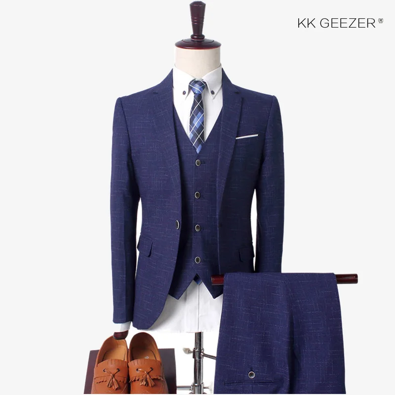 1668-Navy Blue Мужской костюм в клетку, приталенный пиджак, мужские костюмы с брюками, Приталенный жилет, смокинг, свадебные костюмы жениха(пиджак+ брюки+ жилет - Цвет: 1668-Navy Blue