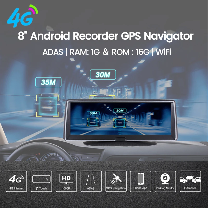 US $102.14 E Ace 4g Android Car Dvr 8 Inch Fhd 1080p Auto Camera Video Recorder Dual Lens Dvrs Gps Navigation Adas Remote Monitor Dash Cam