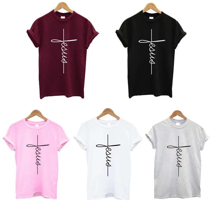 Модное Новое поступление Для женщин футболки летние шорты рукавами футболка Jesus христианский крест печати Топы футболка размера плюс