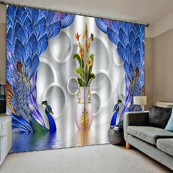 

3d stereoscopic Customized size Luxury Blackout 3D Window Curtains blue peacock curtains