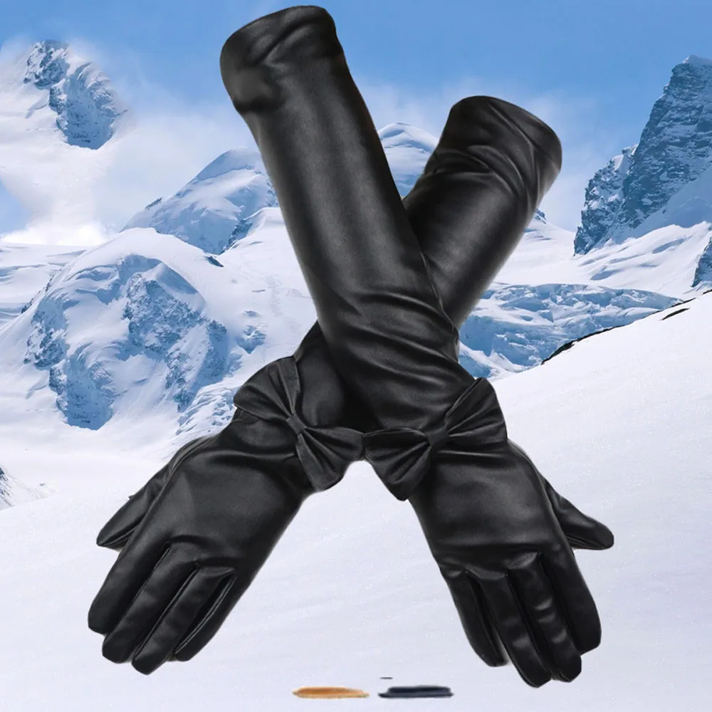 Women Girl Luxurious PU Leather Winter Super Warm Gloves Cashmere A20