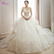 Fsuzwel Великолепные Аппликации Кружева Часовня Поезд А-силуэта Свадебные платья Роскошные с грубоким круглым вырезом и бисером свадебное платье Vestido de Noiva