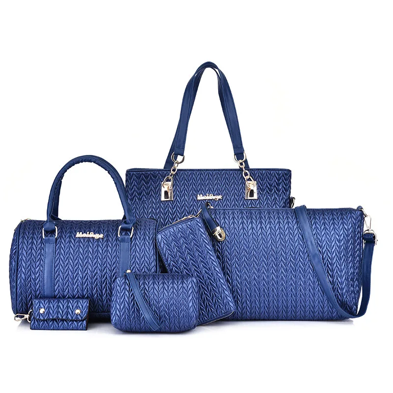 6 в 1 Роскошный дизайнерский Женский комплект сумочки с вязаным узором из искусственной кожи женский кошелек Модный повседневный композитный мешок Bolsa Feminina - Цвет: blue