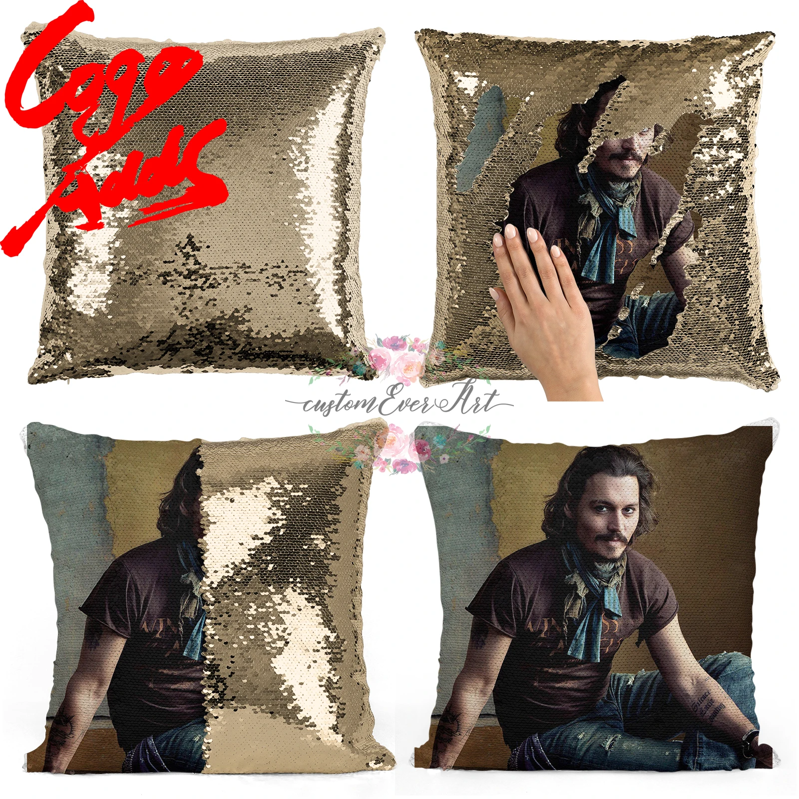 Подушка с блестками Джонни Депп | Наволочка Двухцветная подушка Подарок для нее