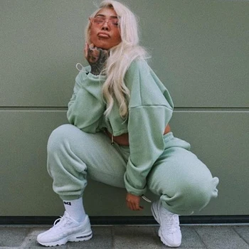 

2019 Autumn Long Sleeve Crop Top Hooded Sweatshirts 2 Piece Set Casual Sport Suit Women Hip Pop Streetwear Tracksuit Set
