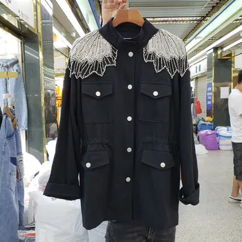 

2020 Spring Summer New Industrial Shoulder Beads Decoration Mid-length Trench Women's Casual Wind Coats Female