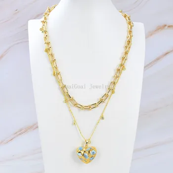 

GuaiGuai Jewelry Natural Heart Shaped Blue Larimar Pendant Gold Plated Chain Layers Necklace 20"