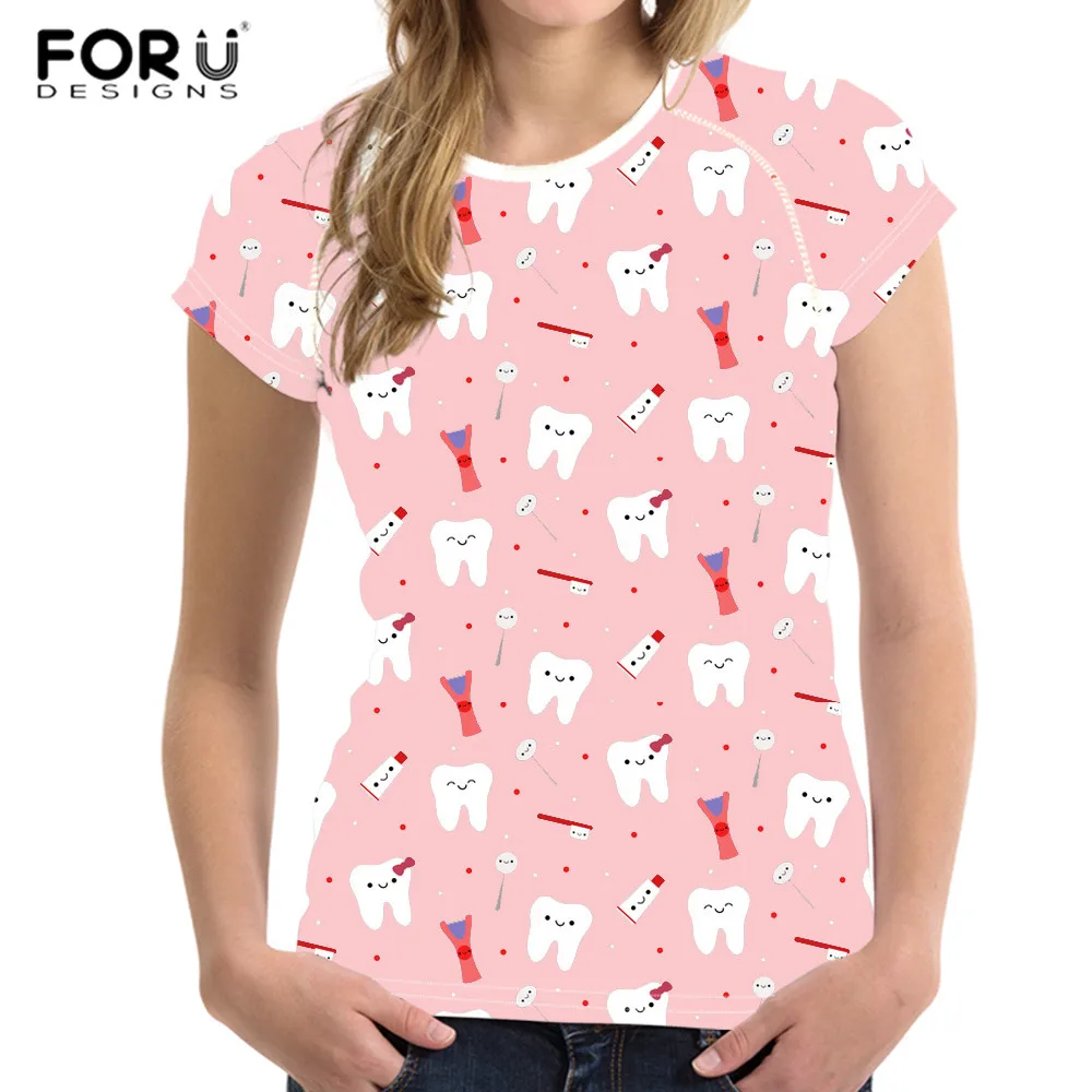 FORUDESIGNS/милый узор с изображением сиделки, женская футболка с коротким рукавом, топы, зубные зубы, о-образный вырез, забавная Черная пятница, предложения, camisa feminina
