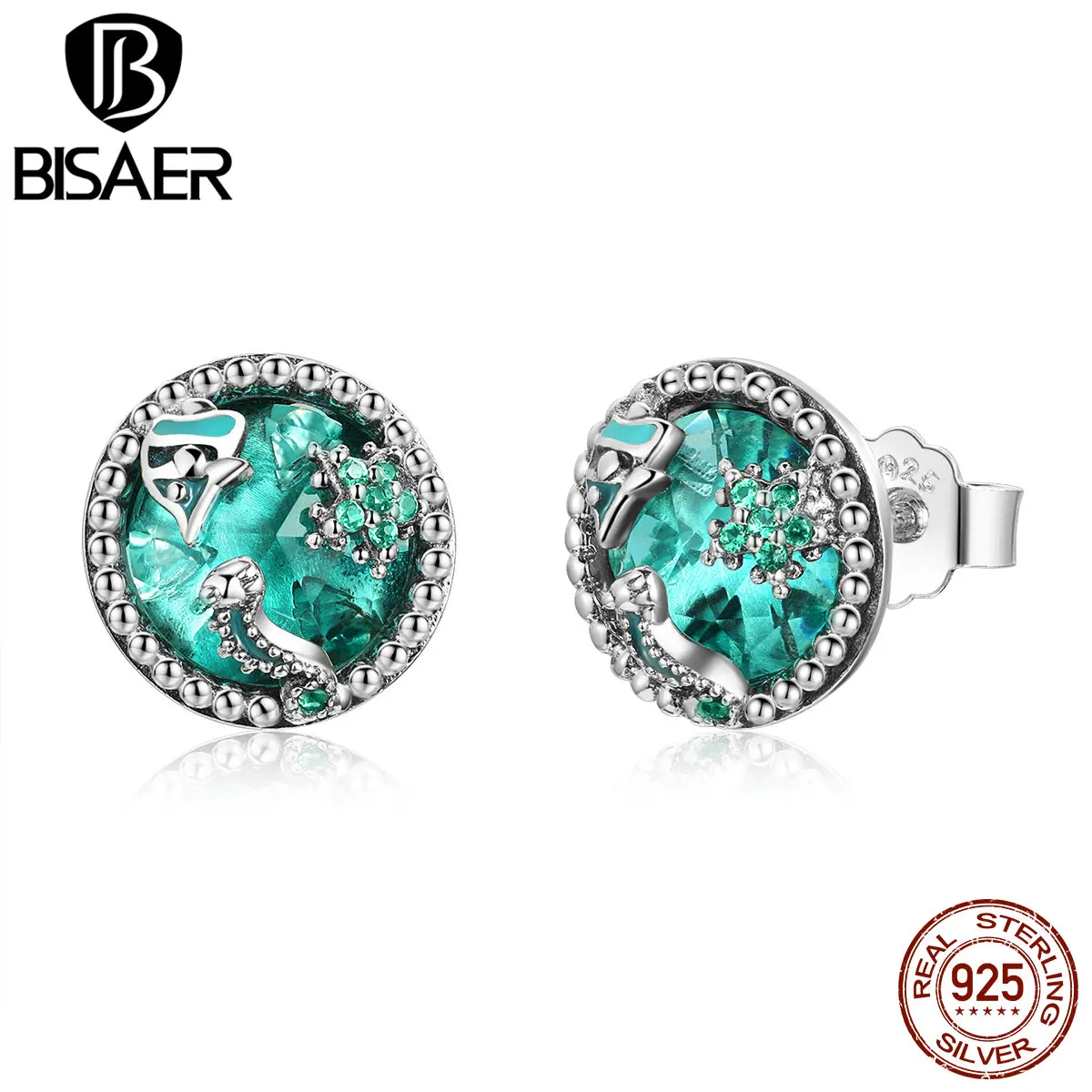 BISAER, высокое качество, 925 пробы, серебро,, зеленый океан, глубина, CZ, серьги-гвоздики для женщин, ювелирное изделие, подарок, HSE496