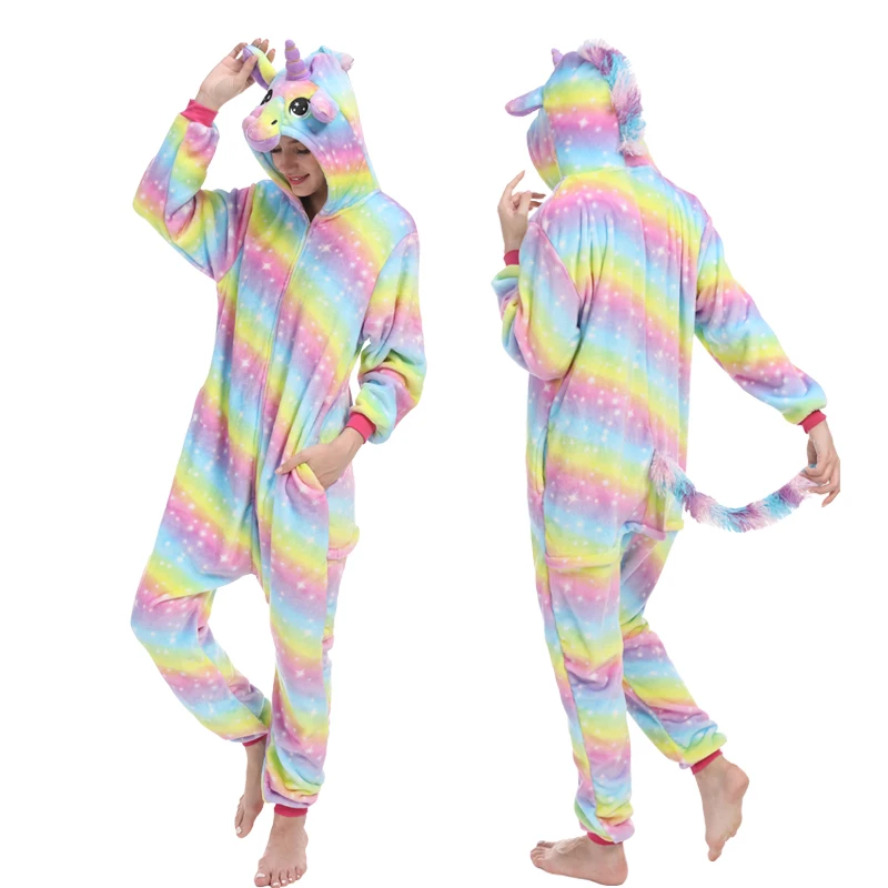 yellow rainbow Женские Мультяшные пижамы кигуруми с пандой, с капюшоном, взрослые комбинезоны, ночная рубашка с единорогом, кугуруми, пижама, костюм, флисовые комбинезоны - Цвет: yellow rainbow