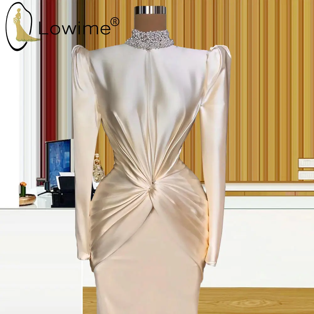 

Elegant High Neck Long Sleeve Evening Dresess Pearls Ruched Floor Length Straight Evening Gowns Custom Made Formal Party Dress