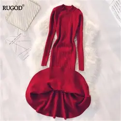 RUGOD/2019 осеннее платье-свитер с круглым вырезом и длинными рукавами, высокая поясная сумка, эластичная Русалка, Vestidos, пуловер, вязаное платье
