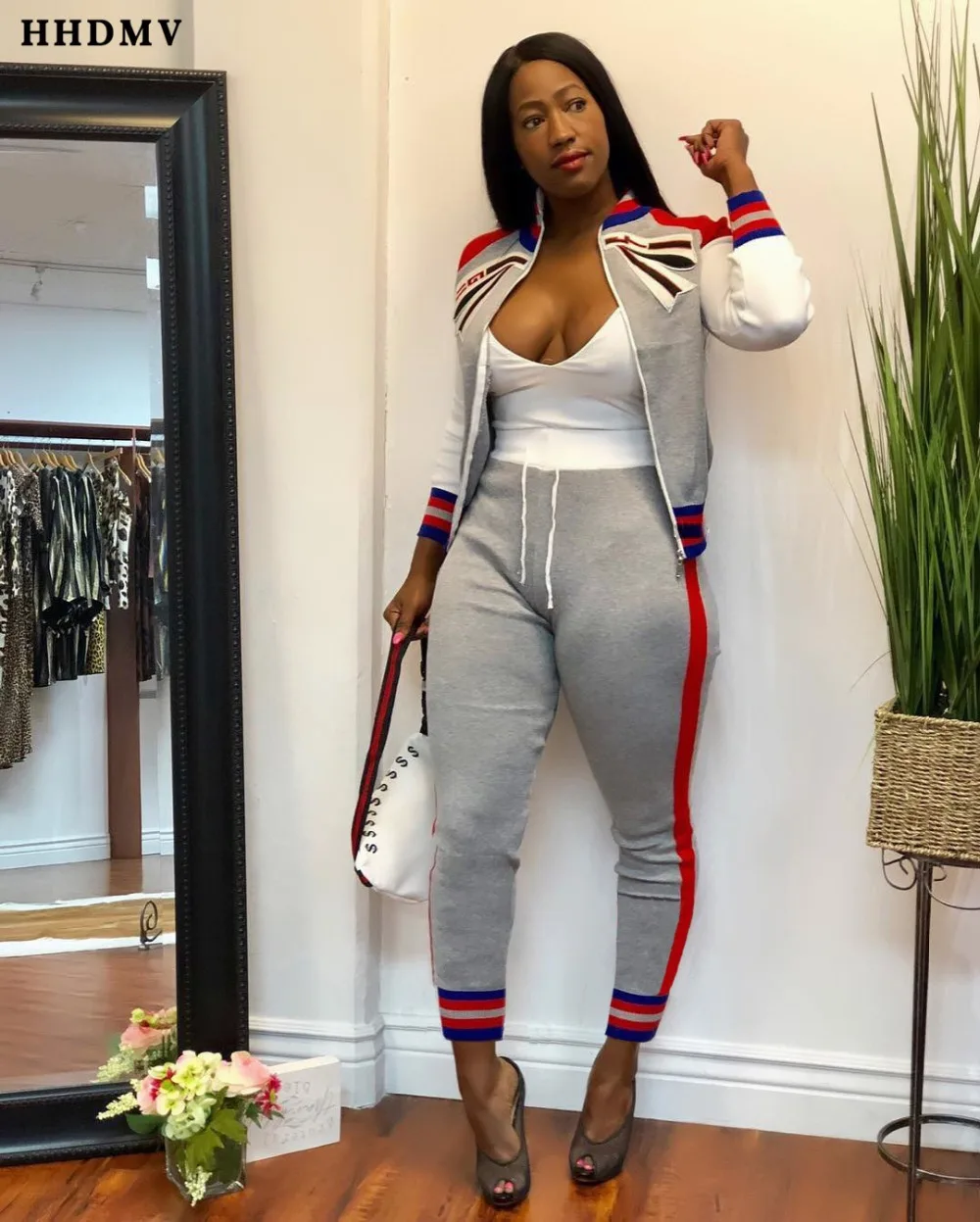 HHDMV GJH1062 street casual movement style sets long sleeve lapel zipper top elastic long pants printed two piece sets