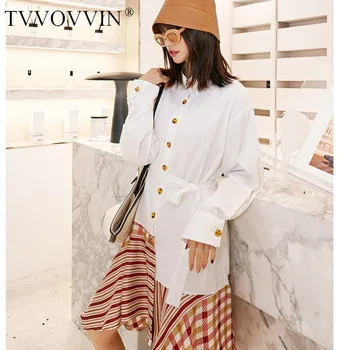 

Korea can ship False Two Pieces women's clothes 2020 Spring new fashion white shirt patchwork striped hem dress Loose YH899
